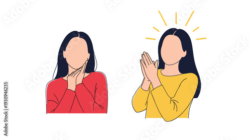 Two faceless female character illustrations showing contrast between a normal person and an inspired one with halo light rays above.