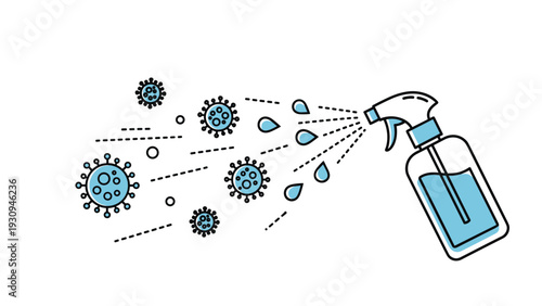 Disinfectant spray bottle effectively eliminating virus and germ particles with a powerful blue liquid spray for hygiene and safety.