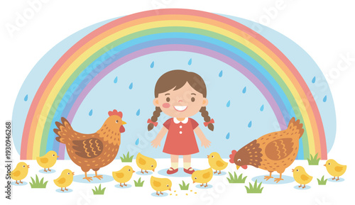 Little girl, two hens, and many chicks are happily playing together under a colorful rainbow with gentle raindrops falling.
