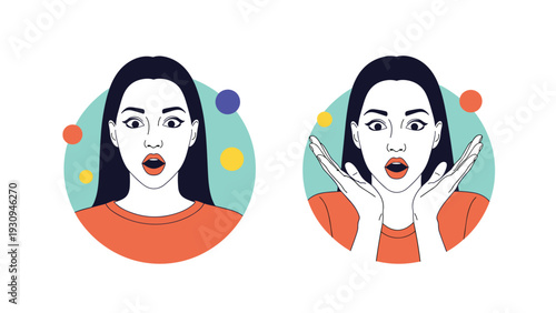 Pair of circular avatar portraits featuring a young woman with a highly surprised and shocked facial expression and open mouth.