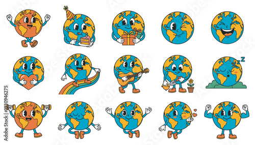 Collection of groovy cartoon Earth characters in various poses and activities expressing diverse emotions and moods.