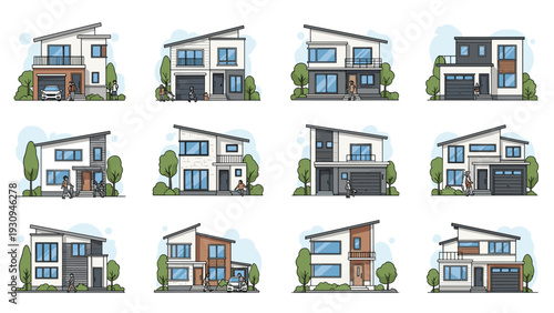 Detailed collection of various modern residential house designs with people outside showing suburban living and neighborhood life.