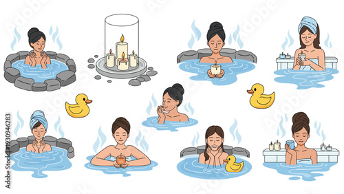 Comprehensive set of illustrations showing women relaxing in various hot springs and stone baths with candles and yellow rubber ducks.