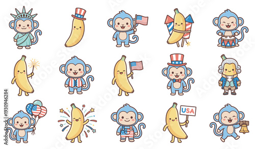 Collection of cute cartoon monkeys and bananas celebrating American patriotism with festive costumes, flags, fireworks, and iconic symbols of national pride and independence.