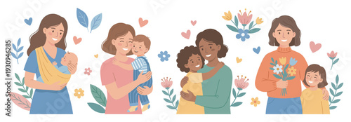 Diverse mothers and children illustrate the beautiful journey of parenting, love, and family happiness in various heartwarming scenes.
