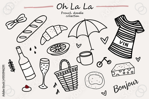 French themed doodles featuring food wine and iconic imagery