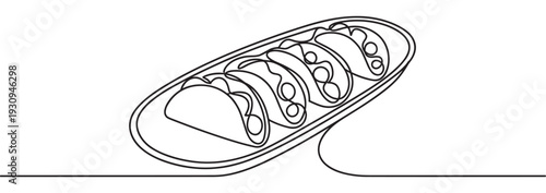 Delicious tacos on a platter, served in a continuous line drawing style, representing a popular Mexican fast food meal.