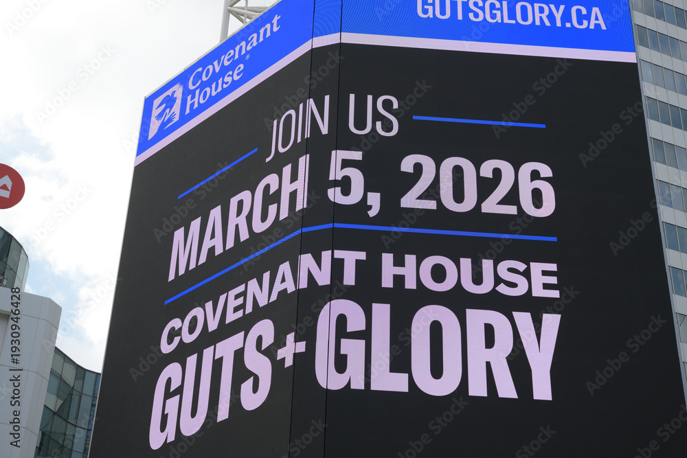 Fototapeta premium digital announcement ad sign for March 5, 2026, Covenant House Toronto, event called Guts + Glory: The Ultimate Brain + Brawn Challenge, Sankofa Square