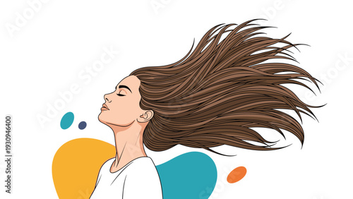 Side view of a woman with her eyes closed and long brown hair flying behind her against a background with abstract colorful shapes.