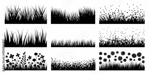 Black and white illustrations of grass flowers and dandelion seed heads