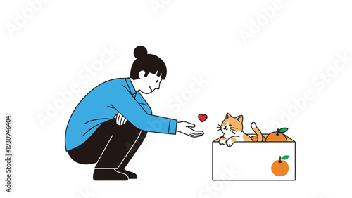 Kind woman crouching and showing love to a cute ginger cat in a box full of oranges symbolizing animal rescue and adoption of stray pets.