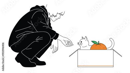 Person in a black hoodie crouching and reaching out their hand to a small white cat sitting in a cardboard box with a large orange fruit.