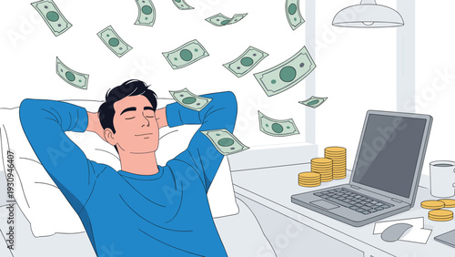 Successful man relaxing on his bed while dollar bills fall around him depicting wealth passive income or winning a large sum of money.