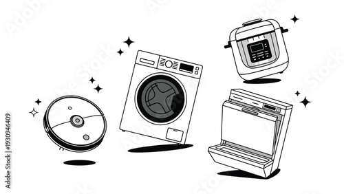 Set of modern essential household appliances including a robot vacuum cleaner washing machine dishwasher and multicooker in black and white.