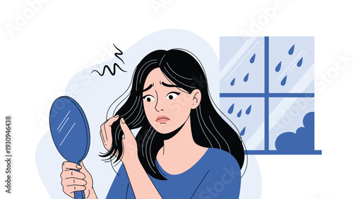 Worried young woman looking in a mirror at her damaged or frizzy hair while it is raining outside the window depicting hair care problems.