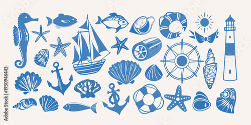 Nautical themed illustrations featuring marine life and seaside objects