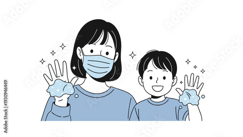 Mother wearing a medical mask and her young son showing their soapy hands to encourage hygiene and prevention of virus spreading.