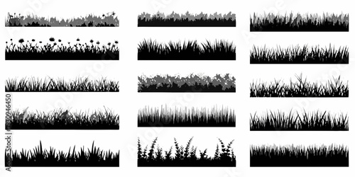 Collection of black silhouettes depicting various grass and floral designs