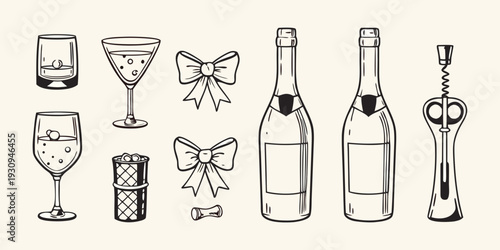 Elegant line art collection of cocktail glasses bottles and bar accessories