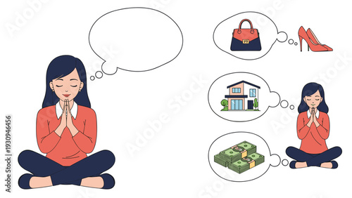 Woman meditating and visualizing her dreams of a new house luxury fashion accessories and financial wealth for her successful future.