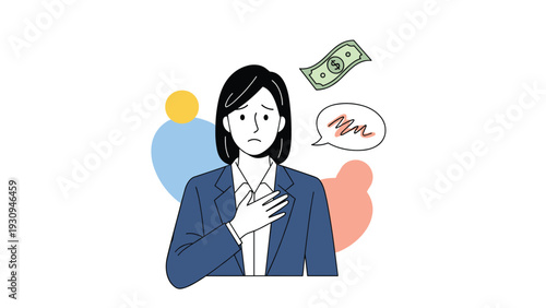 Worried businesswoman with her hand on her chest looking sad as money flies away symbolizing financial loss or unexpected expenses.