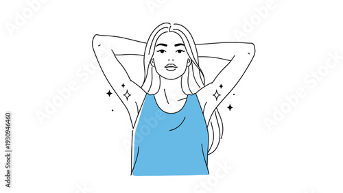 Confident young woman in a blue tank top showing her clean and smooth underarms with sparkles symbolizing effective hair removal.