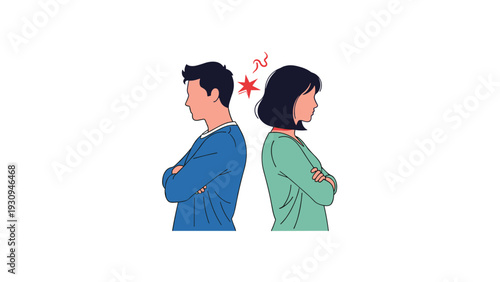Couple standing back to back with a red spark symbol between them representing a relationship conflict argument or misunderstanding.