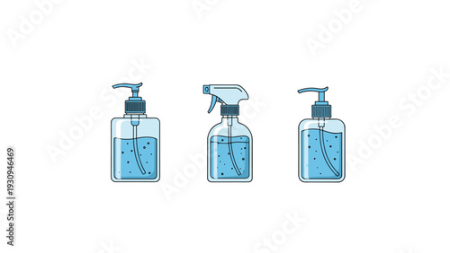 Plastic pump and spray bottles filled with blue liquid soap or hand sanitizer for daily hygiene and germ protection.