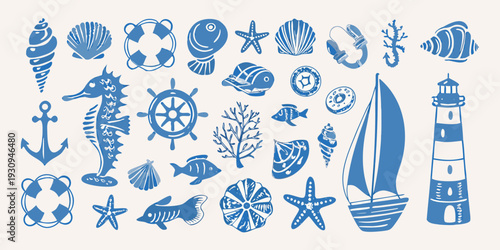 Collection of blue nautical themed illustrations including shells and sea life