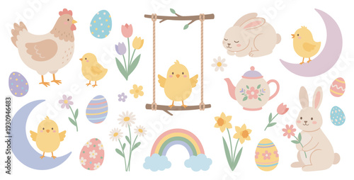 Cute Easter animals and spring elements collection with chicks, bunnies, and decorated eggs perfect for holiday designs.