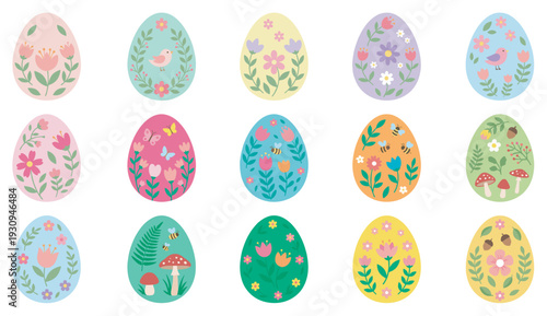 Easter eggs are beautifully decorated with various spring floral and nature-inspired patterns, creating a vibrant collection.