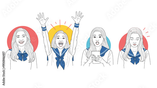 Diverse emotional expressions of a Japanese schoolgirl in uniform ranging from joyful laughter to sadness and worry.