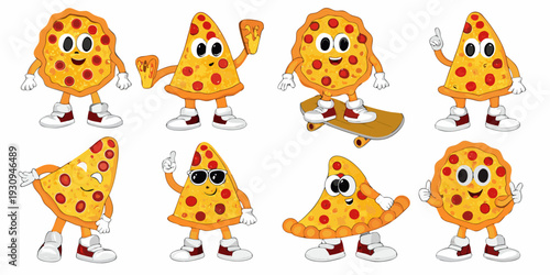 Cartoon pizza slices with faces and limbs in various playful poses