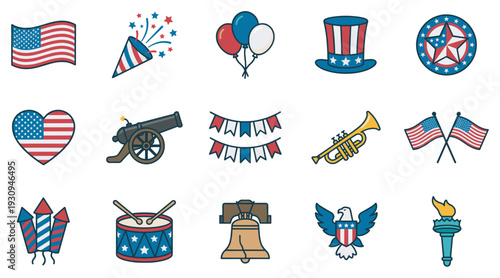 American patriotic celebration icons set featuring flags, fireworks, balloons, and symbols of freedom and independence.