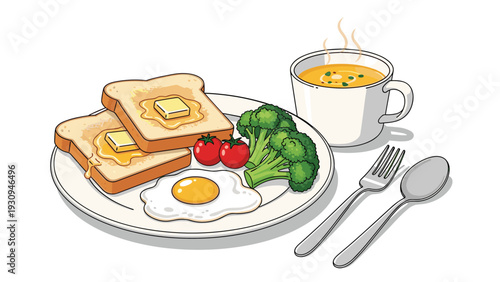 Nutritious breakfast plate featuring buttered toast, fried egg, fresh broccoli, tomatoes, and a cup of warm soup.