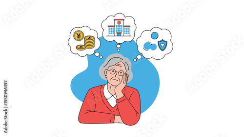 Elderly woman looking worried while thinking about financial planning, medical costs, and health insurance options.