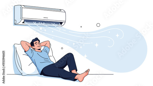 Young man lying down and relaxing comfortably while enjoying the cool air blowing from an indoor air conditioner.