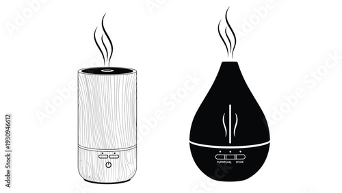 Set of two modern aroma diffusers or humidifiers in cylindrical and teardrop shapes with steam rising from the top.