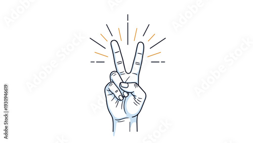 Human hand making a victory or peace gesture with two fingers up against a background of radiant light rays and lines.