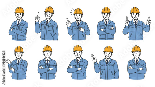 Set of character illustrations showing a male construction worker or engineer in many different poses and gestures.