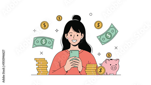 Happy young woman using her mobile phone surrounded by falling banknotes, golden coins, and a pink piggy bank.
