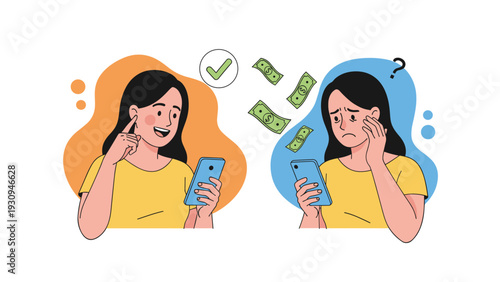 Contrast between a happy woman receiving money on her phone and a worried woman losing funds through her digital device.