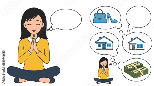 Young woman sitting in a meditation pose while visualizing her goals of wealth, a new home, and luxury fashion items.