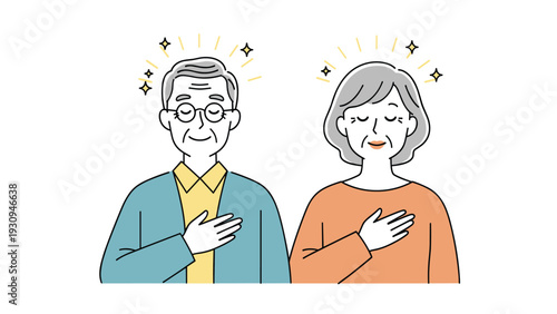 Happy senior couple standing together with their hands on their hearts expressing gratitude and inner peace and joy.