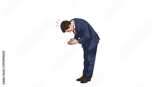 Businessman in a dark suit performing a deep respectful bow which is a traditional gesture in Japanese business culture.