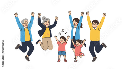 Happy multi-generational family including grandparents, parents, and children jumping together with raised arms.