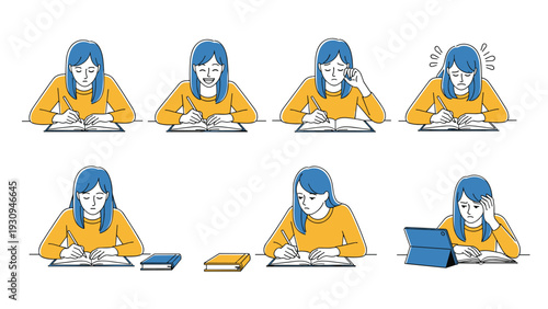 Set of illustrations depicting a young woman at her desk experiencing many different moods while studying or working.