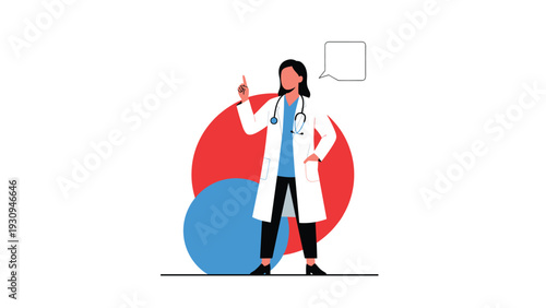 Female doctor in a professional white coat and stethoscope pointing upwards with a confident and expert expression.