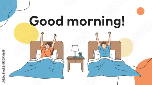 Cheerful illustration of a man and a woman waking up and stretching in their beds with a good morning greeting text.