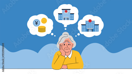 Elderly woman with a concerned expression thinking about her future healthcare needs and complex financial planning.